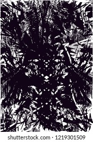 Distressed background in black and white texture from palms and balcony with dots, spots, scratches and lines. Abstract vector illustration