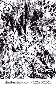 Distressed background in black and white texture from palms and balcony with dots, spots, scratches and lines. Abstract vector illustration