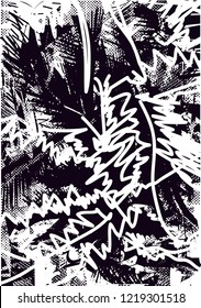 Distressed background in black and white texture from palms and balcony with dots, spots, scratches and lines. Abstract vector illustration