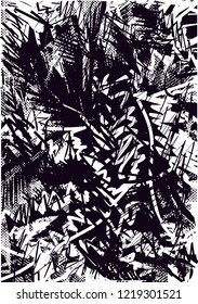 Distressed background in black and white texture from palms and balcony with dots, spots, scratches and lines. Abstract vector illustration