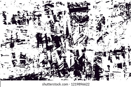 Distressed background in black and white texture with dots, spots, scratches and lines. Abstract vector illustration
