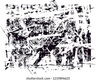 Distressed background in black and white texture with dots, spots, scratches and lines. Abstract vector illustration