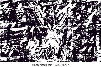 Distressed background in black and white texture with dots, spots, scratches and lines. Abstract vector illustration
