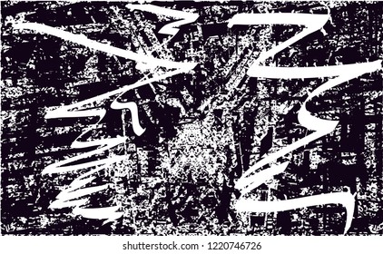 Distressed background in black and white texture with dots, spots, scratches and lines. Abstract vector illustration