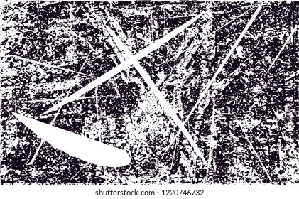 Distressed background in black and white texture with dots, spots, scratches and lines. Abstract vector illustration