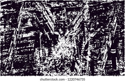 Distressed background in black and white texture with dots, spots, scratches and lines. Abstract vector illustration