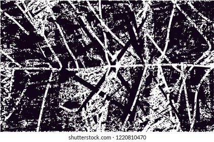 Distressed background in black and white texture with dots, spots, scratches and lines. Abstract vector illustration