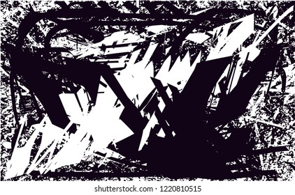 Distressed background in black and white texture with dots, spots, scratches and lines. Abstract vector illustration