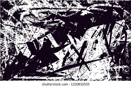 Distressed background in black and white texture with dots, spots, scratches and lines. Abstract vector illustration