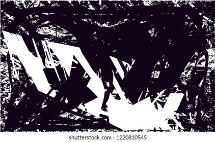 Distressed background in black and white texture with dots, spots, scratches and lines. Abstract vector illustration