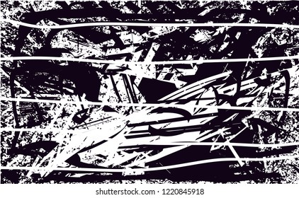 Distressed background in black and white texture with dots, spots, scratches and lines. Abstract vector illustration