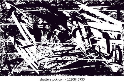 Distressed background in black and white texture with dots, spots, scratches and lines. Abstract vector illustration