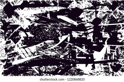 Distressed background in black and white texture with dots, spots, scratches and lines. Abstract vector illustration