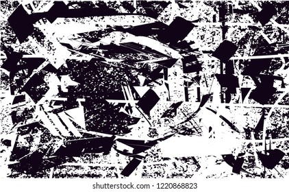 Distressed background in black and white texture with dots, spots, scratches and lines. Abstract vector illustration
