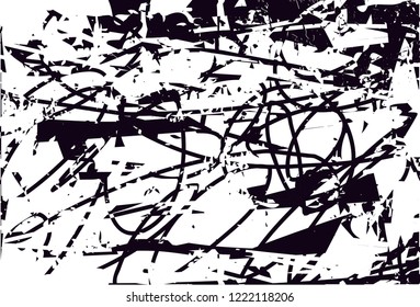 Distressed background in black and white texture with dots, spots, scratches and lines. Abstract vector illustration