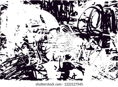 Distressed background in black and white texture with dots, spots, scratches and lines. Abstract vector illustration