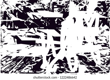 Distressed background in black and white texture with dots, spots, scratches and lines. Abstract vector illustration