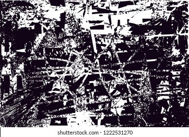 Distressed background in black and white texture with dots, spots, scratches and lines. Abstract vector illustration