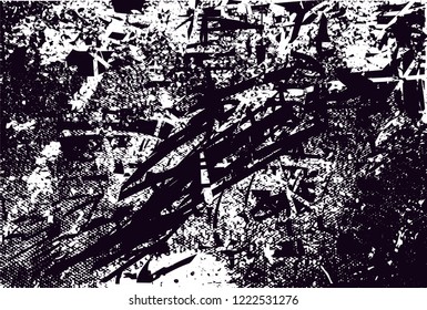 Distressed background in black and white texture with dots, spots, scratches and lines. Abstract vector illustration