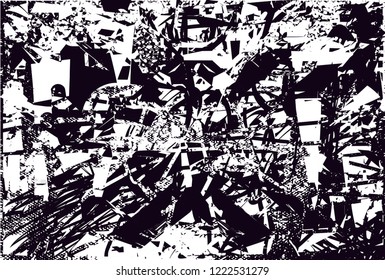 Distressed background in black and white texture with dots, spots, scratches and lines. Abstract vector illustration