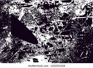 Distressed background in black and white texture with dots, spots, scratches and lines. Abstract vector illustration