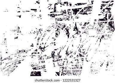 Distressed background in black and white texture with dots, spots, scratches and lines. Abstract vector illustration