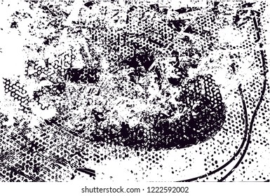 Distressed background in black and white texture with dots, spots, scratches, nets and lines. Abstract vector illustration