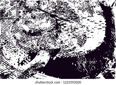 Distressed background in black and white texture with dots, spots, scratches, nets and lines. Abstract vector illustration