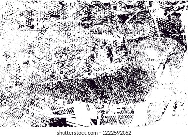 Distressed background in black and white texture with dots, spots, scratches, nets and lines. Abstract vector illustration