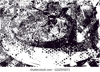 Distressed background in black and white texture with dots, spots, scratches, nets and lines. Abstract vector illustration