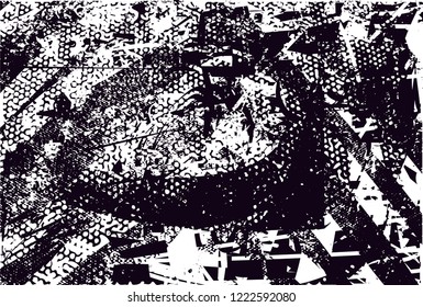 Distressed background in black and white texture with dots, spots, scratches, nets and lines. Abstract vector illustration