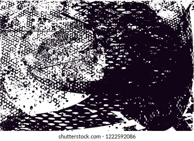 Distressed background in black and white texture with dots, spots, scratches, nets and lines. Abstract vector illustration