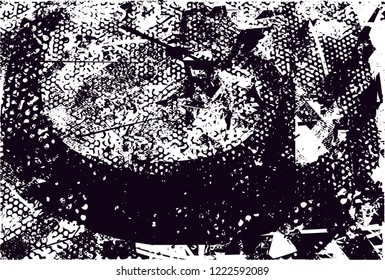 Distressed background in black and white texture with dots, spots, scratches, nets and lines. Abstract vector illustration