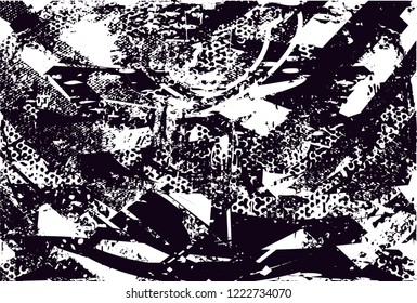 Distressed background in black and white texture with dots, spots, scratches and lines. Abstract vector illustration