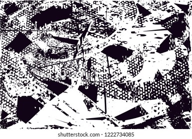 Distressed background in black and white texture with dots, spots, scratches and lines. Abstract vector illustration