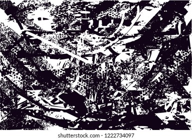 Distressed background in black and white texture with dots, spots, scratches and lines. Abstract vector illustration