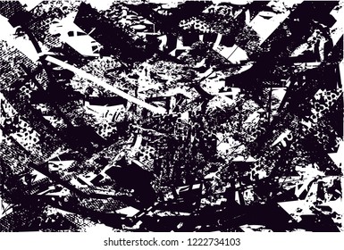 Distressed background in black and white texture with dots, spots, scratches and lines. Abstract vector illustration
