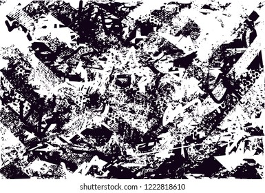 Distressed background in black and white texture with dots, spots, scratches and lines. Abstract vector illustration