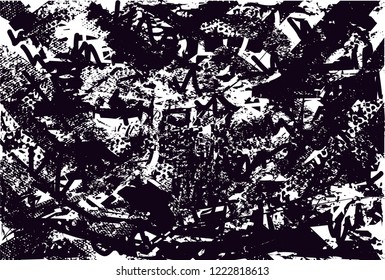 Distressed background in black and white texture with dots, spots, scratches and lines. Abstract vector illustration
