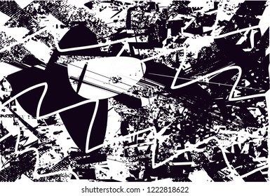 Distressed background in black and white texture with dots, spots, scratches and lines. Abstract vector illustration