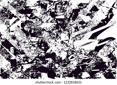 Distressed background in black and white texture with dots, spots, scratches and lines. Abstract vector illustration
