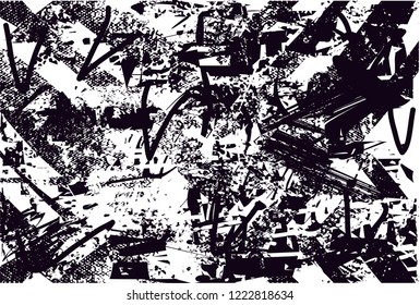 Distressed background in black and white texture with dots, spots, scratches and lines. Abstract vector illustration