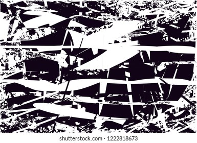 Distressed background in black and white texture with dots, spots, scratches and lines. Abstract vector illustration