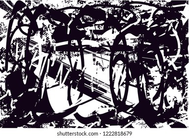 Distressed background in black and white texture with dots, spots, scratches and lines. Abstract vector illustration