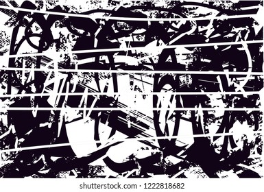 Distressed background in black and white texture with dots, spots, scratches and lines. Abstract vector illustration