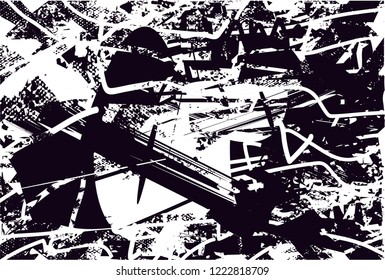 Distressed background in black and white texture with dots, spots, scratches and lines. Abstract vector illustration