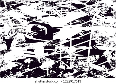 Distressed background in black and white texture with dots, spots, scratches and lines. Abstract vector illustration