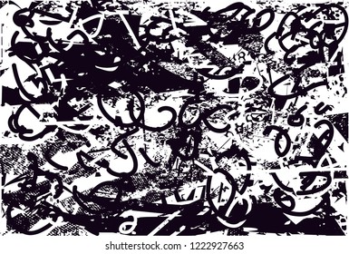 Distressed background in black and white texture with dots, spots, scratches and lines. Abstract vector illustration