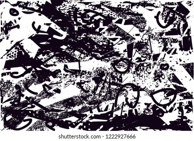 Distressed background in black and white texture with dots, spots, scratches and lines. Abstract vector illustration