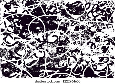 Distressed background in black and white texture with dots, spots, scratches and lines. Abstract vector illustration